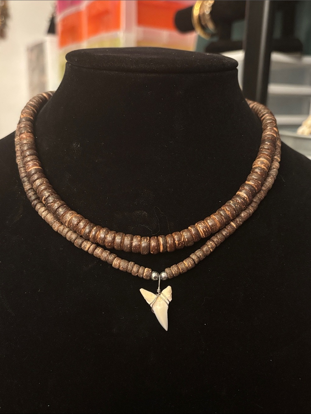 Handcrafted Brown Beaded Necklace and Necklace with Shark Tooth Pendant
